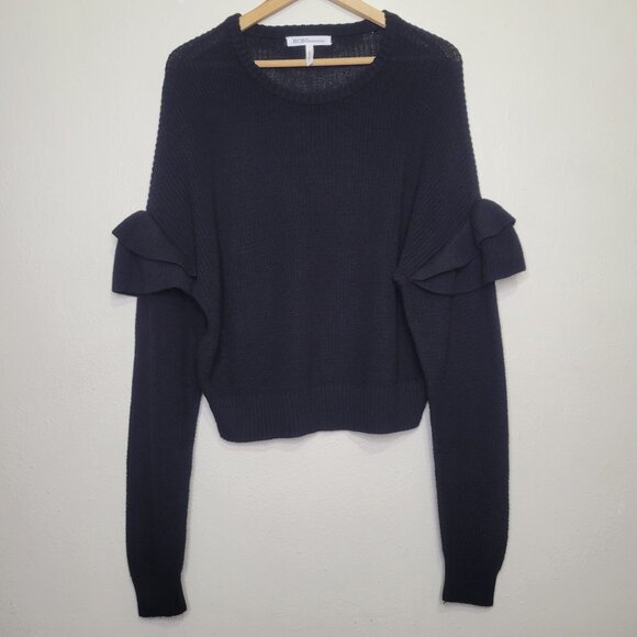 BCBGeneration Ruffle Sleeve Pullover Black Sweater Cropped, Size L - Picture 1 of 6